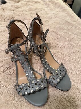 ANTONIO MELANI Gray Studded T-Strap Heels
